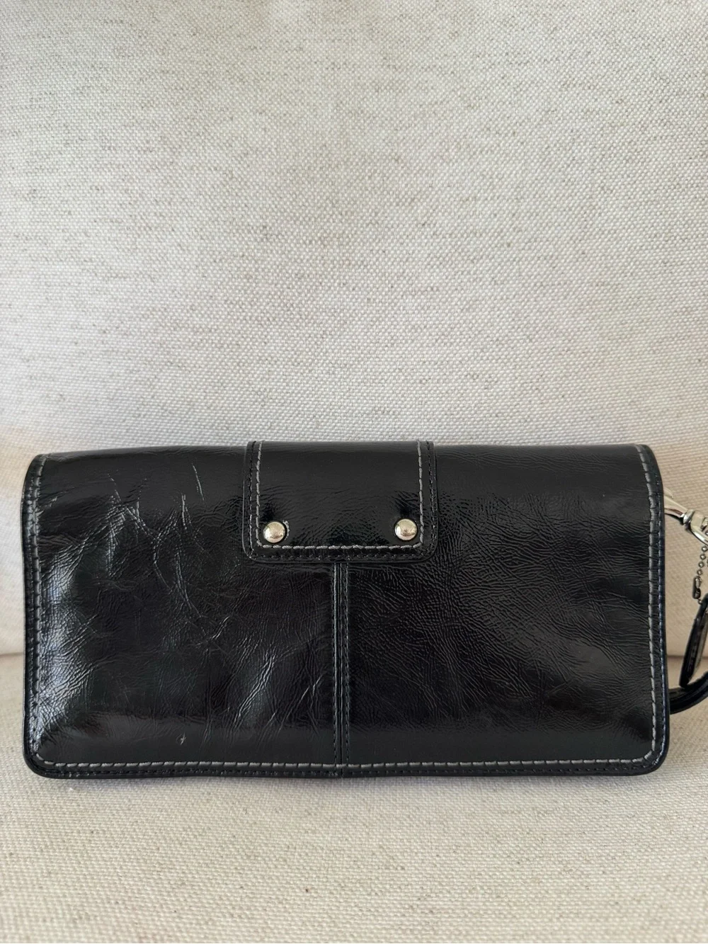 Coach Black Glossy Patent Leather Clutch Wristlet Wallet Silver Buckle Accent